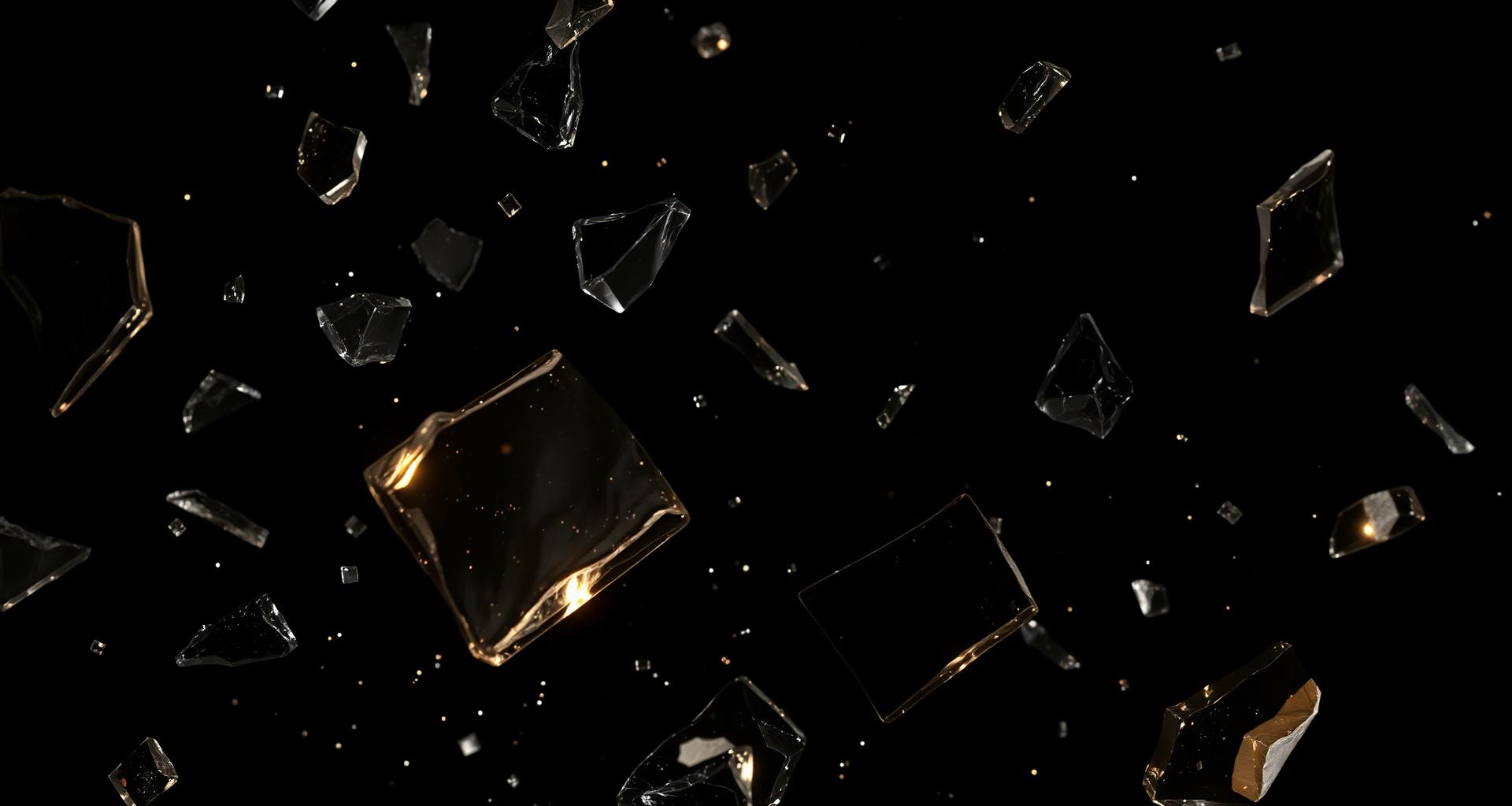 Shattered obsidian glass with warm gold rim light